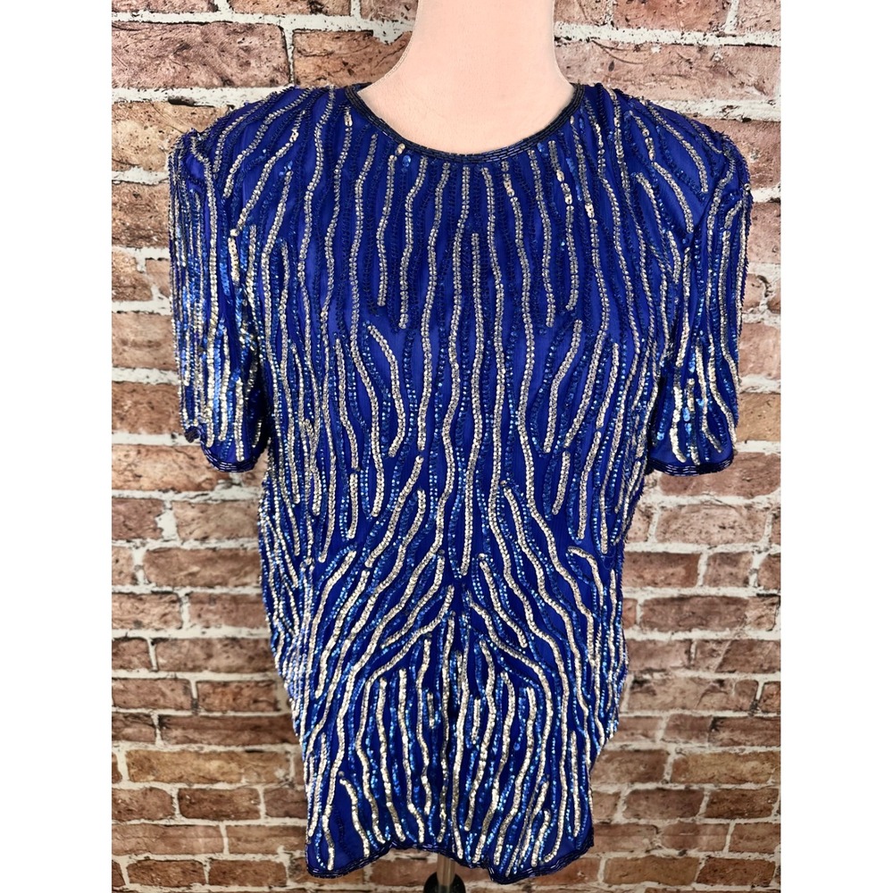Jewel Queen Vintage Royal Blue Beaded Silk Sequin Evening Top Short Sleeve L - Picture 7 of 15